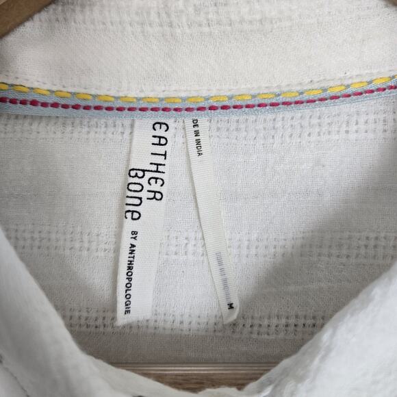 Feather Bone Gauzy Top Blouse Shirt Sz M White Sequins Accents Button Front Boho - Picture 9 of 14